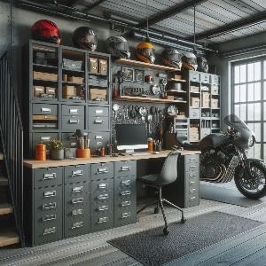 Garage Office Design Ideas with large metal file cabinets to store motorcycle parts-4